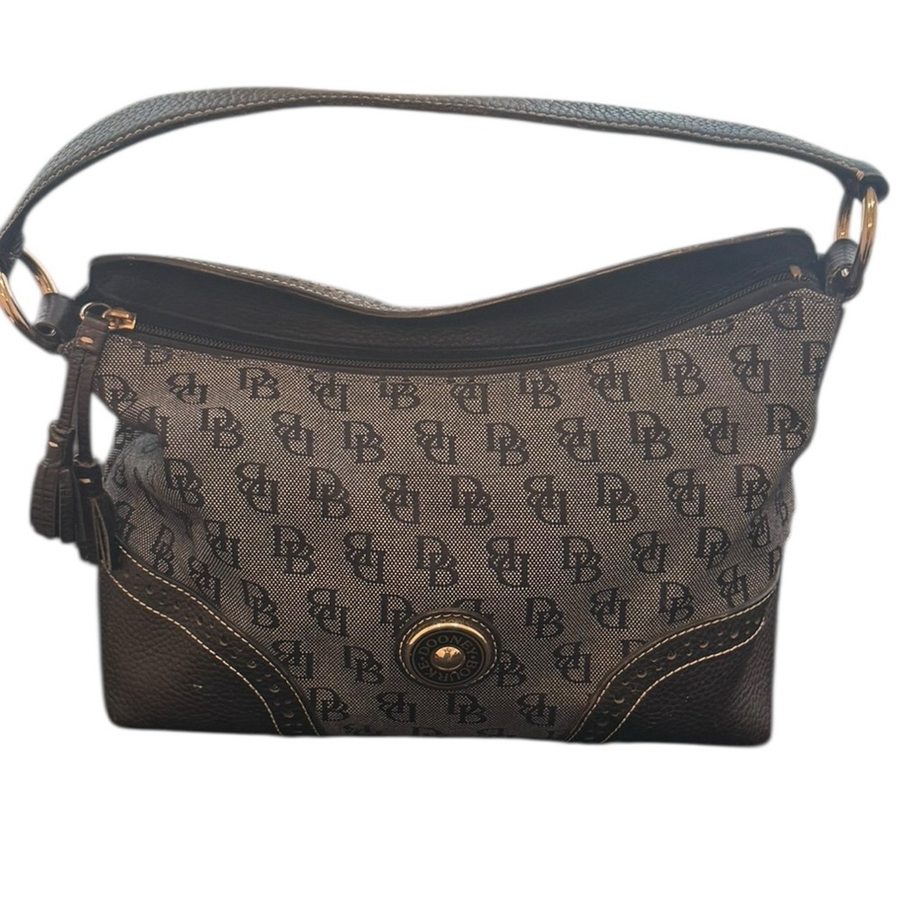 Vintage Dooney & Bourke Logo Canvas Shoulder Bag Navy Leather Trim Purse #84